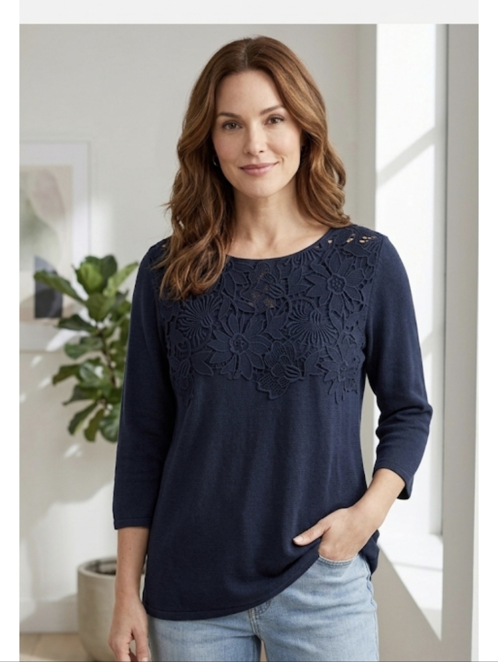NWT J Jill Linen Blend Light Knit Crochet Embellished Sweater Navy Size …